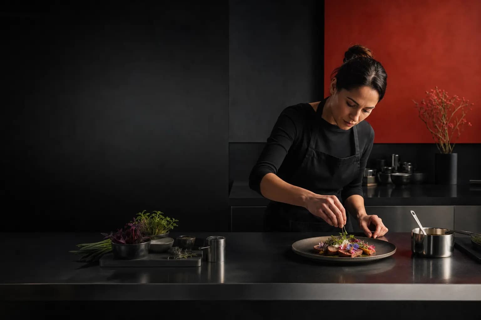 Chef plating in the charcoal Atelier Sola studio concept