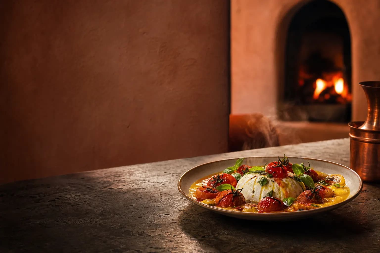 Fire-roasted dish in the warm Cinder & Saffron restaurant concept
