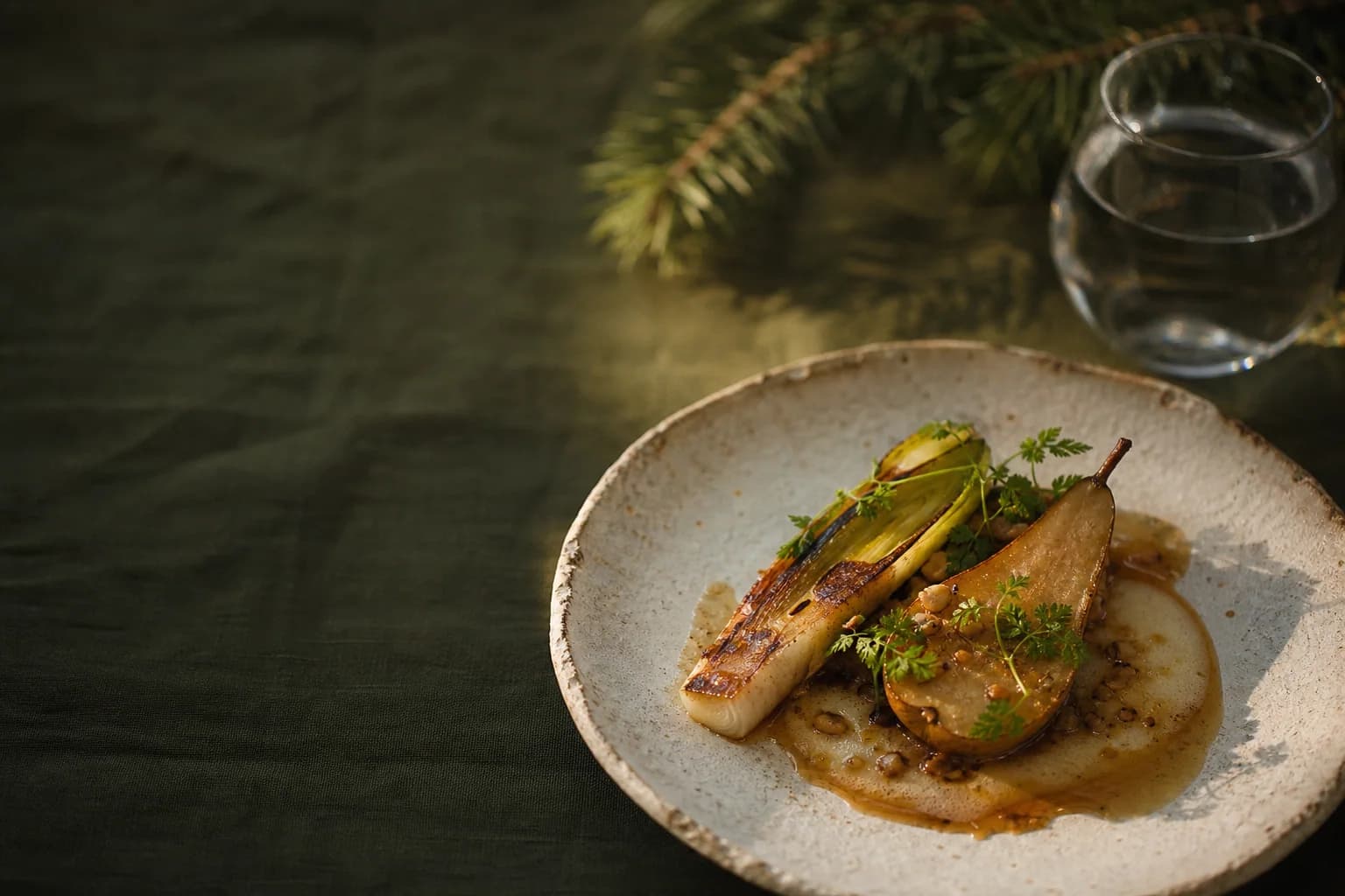 Seasonal leek and pear dish photographed for the Morrow & Pine restaurant concept