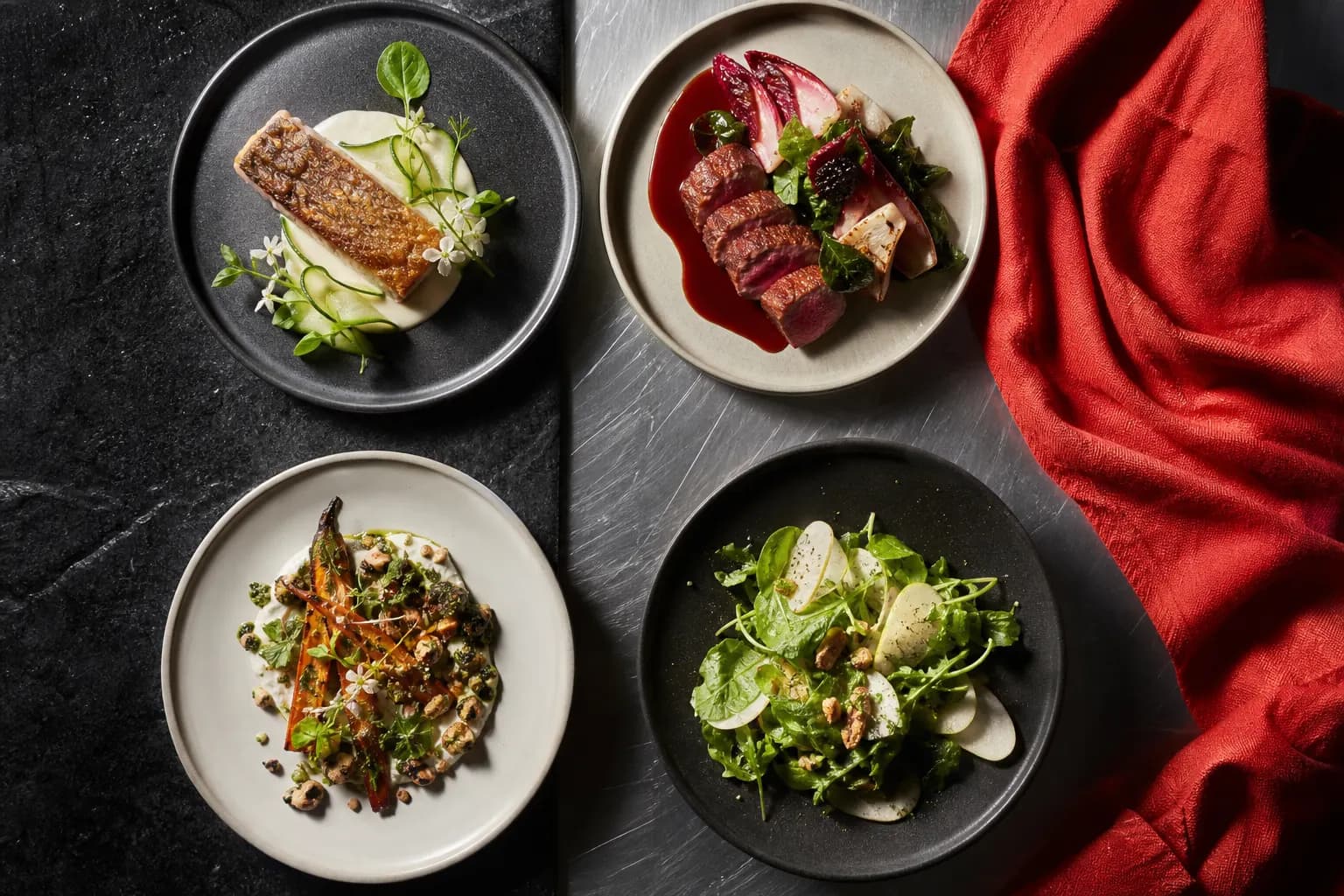 Four artful seasonal plates arranged as an editorial grid