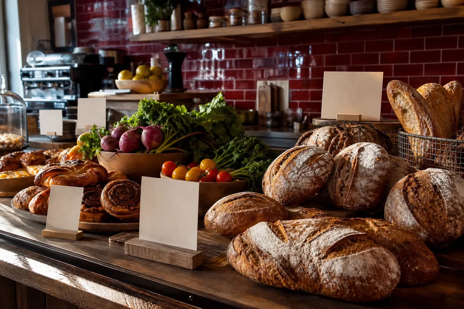 Sourdough loaves and market vegetables at a bright bakery counter