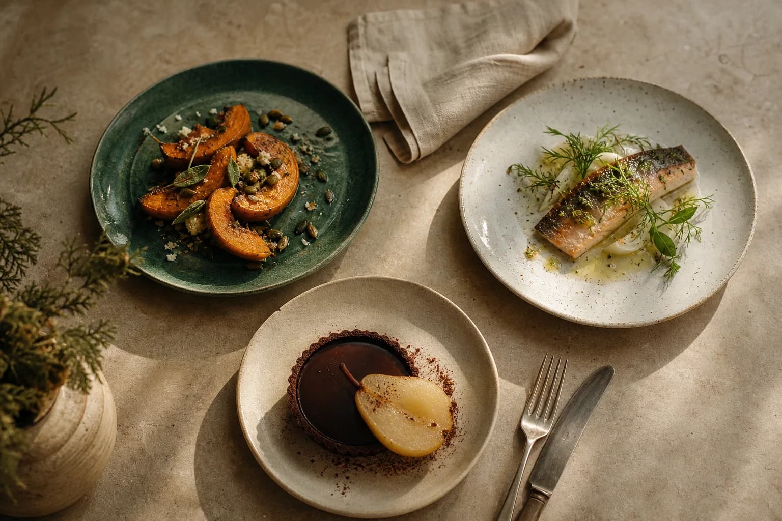 Three seasonal dishes arranged on a warm stone table